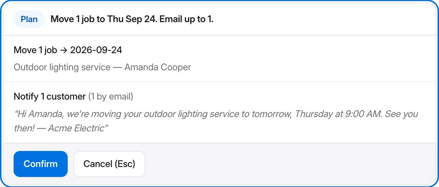 Ask Grace's plan to move a job to tomorrow and text the customer, waiting for confirmation