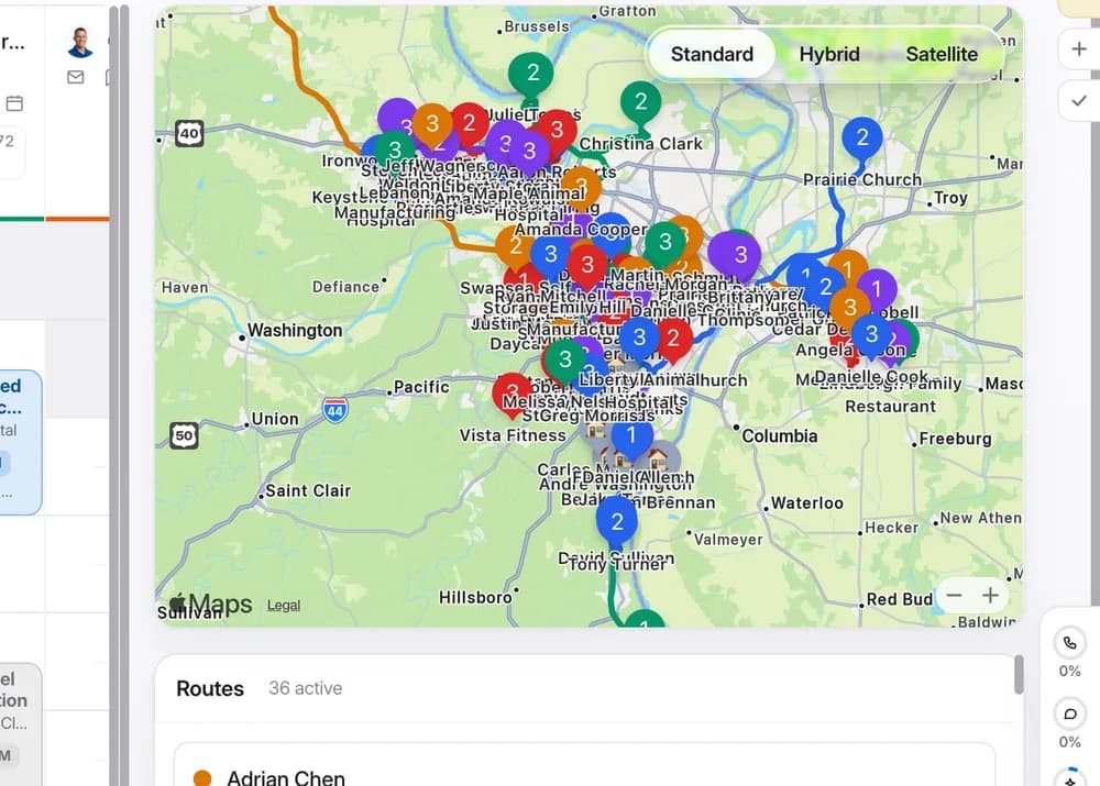 The schedule map with each technician's route and numbered stops