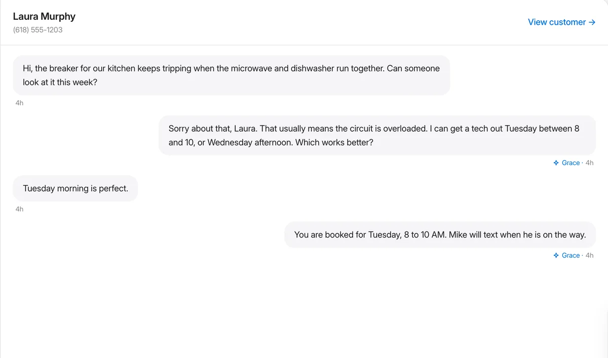 A customer text thread where Grace offers two appointment times and books Tuesday morning