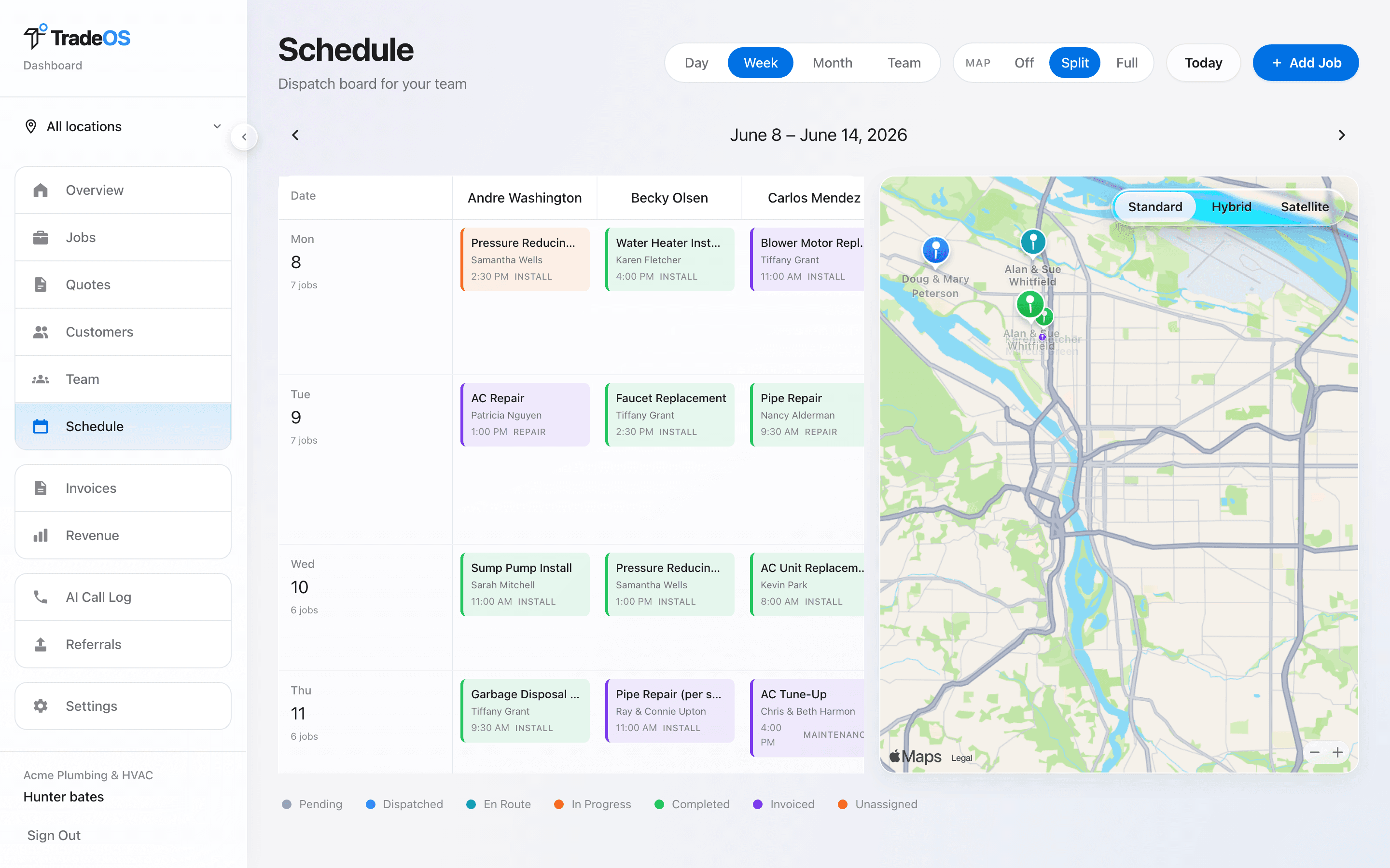 Week-view schedule with multiple technicians, color-coded job blocks, and drag-and-drop dispatch